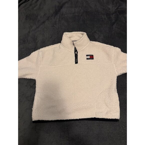 tommy jeans Pullover Size Large White Pockets Fleece Quarter Zip Jacket Crop - Picture 1 of 4